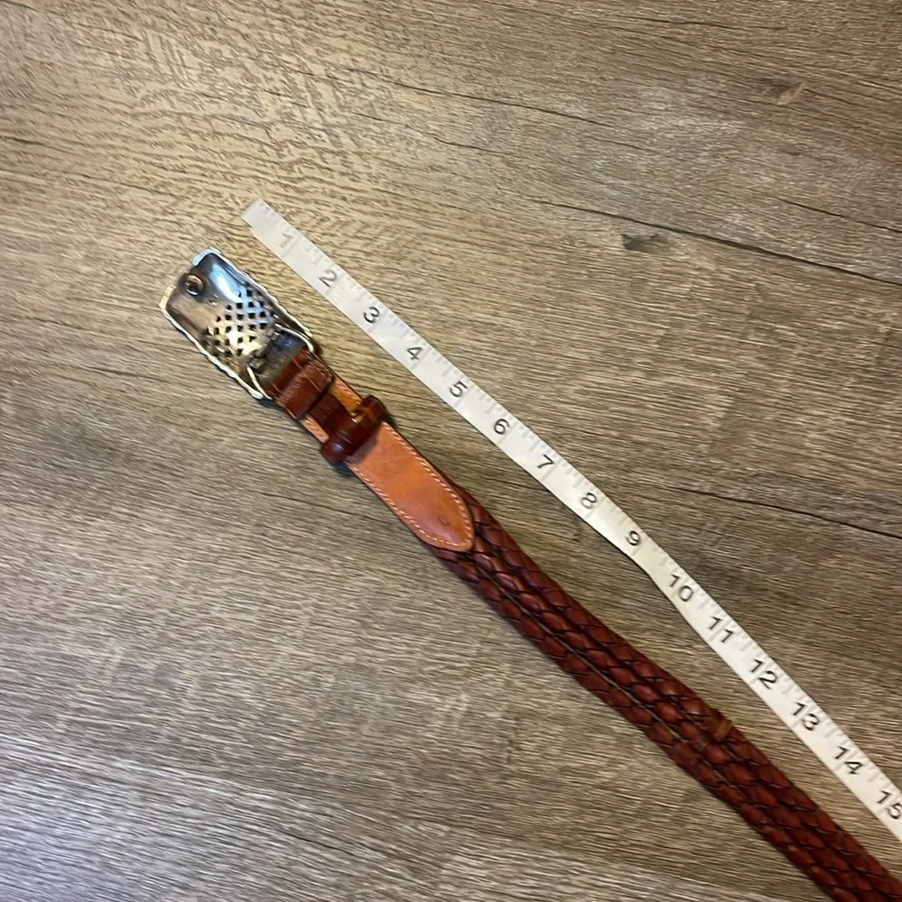 Leather Vintage 1995 Brown Belt with Silver Metal Basketweave Filagree Buckle L